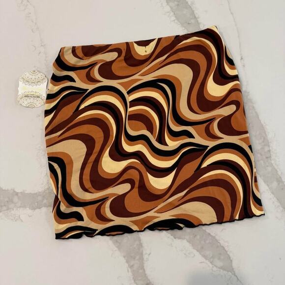 Altar’d State NWT Psychedelic Retro Side Ruched Mini Skirt Women's Medium Brown - Picture 6 of 7